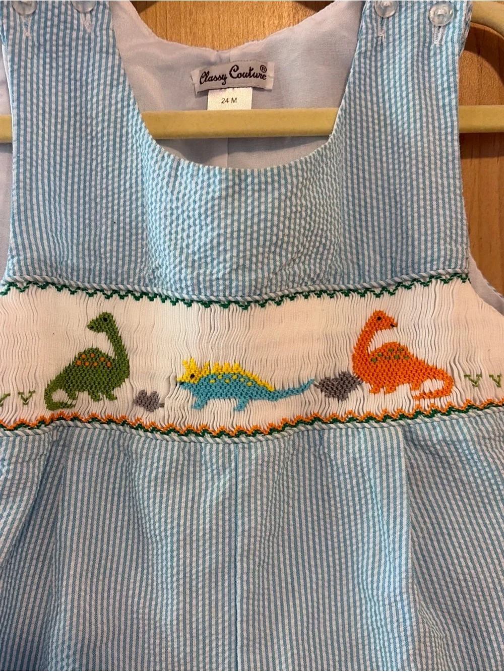 Classy Couture Seersucker Shortall Blue White Dinosaur Unisex Toddler 24 Mo
